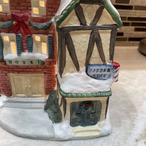 Christmas Village Hotel Barber Shopl Lighted Hand Painted House Porcelain Caldor - Picture 4 of 14